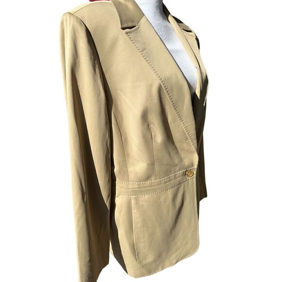 Entier Classiques Blazer Jacket Sz 16 Tan Lined One Button Decorative Stitching - Picture 3 of 10